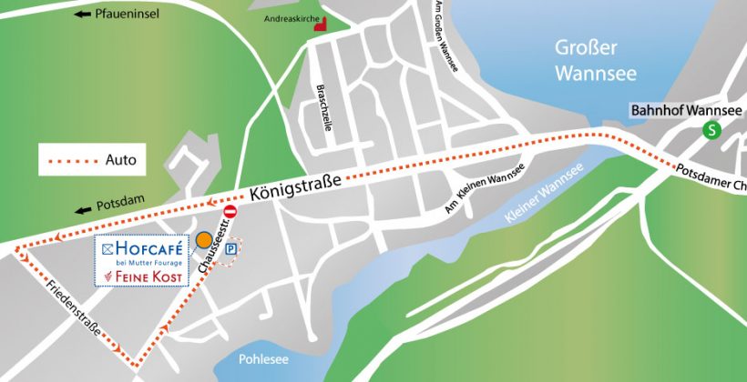Lageplan mit Fahrtweg zum Hofcafe über die Friedenstraße